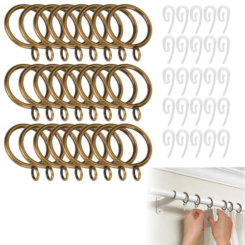 Axincardarm 32mm Brass Curtain Rings with Hooks Metal Curtain Rings 80 Pcs | for Drapery Window Hanging