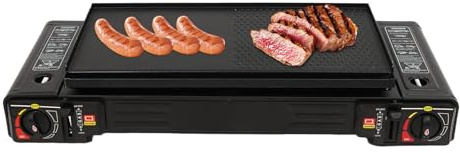 Fyssnn Fornello a gas a 2 luci, fornello da campeggio con piastra e valigetta e griglia rimovibile, 2500 W, fornello a gas portatile con accensione piezoelettrica, per esterni, campeggio, picnic (con