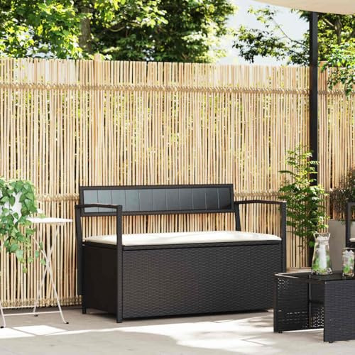 Bucmath Gartenbank mit Stauraum und Kissen, Schwarz, Poly Rattan, 111,5 cm breit, wasserdicht, UV-beständig, wetterfest, für Garten, Terrasse, Veranda