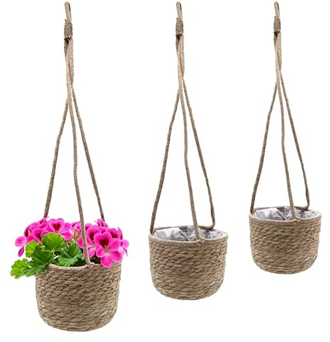 Spetebo Seegras Blumenampel 3er Set Natur - 23/20 / 17 cm - Deko Korbset zum Hängen - Pflanzkorb Blumenkorb Pflanztopf Übertopf Hängekorb Aufbewahrungskorb hängend