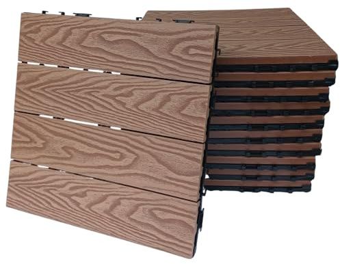 WPC Lot de 22 dalles d'extérieur encastrées pour sol drainant terrasse, balcon, jardin, piscine, effet bois antidérapant base en PVC (3D- NATUREL,