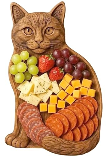 Takingup Charcuterie Platter, Charcuterie Boards Funny Cat Shaped Platter Wood Serving Tray for Kitchen Cheese Meats Fruit Seafood Lovers