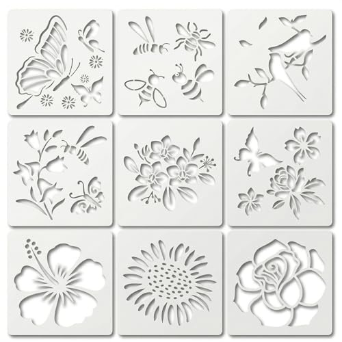 URYVAIW 9 Stencil Farfalle & Fiori, 10×10cm Stencil Riutilizzabili in Plastica per Pittura, Scrapbooking & Fai-da-Te