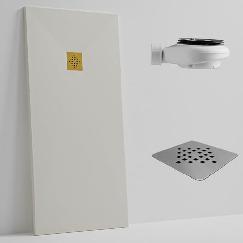SOULHOME Plato de Ducha - Resina - Gel Coat - Textura Liso Seda - Antideslizante - Color Blanco Roto - 90X75- Extraplano 3cm. Incluye Válvula de desagüe - REJILLA GOLD