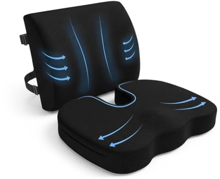 Orthopädisches Sitzkissen und Lendenwirbelkissen Set mit verstellbaren Gurten, Ergonomisches mit Memory Foam zur Druckentlastung Langen Haltungskorrektur Sitzen für Bürostuhl und Autositz-Schwarz