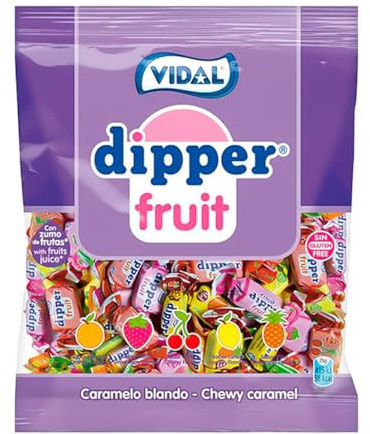 Dipper Vidal Golosinas Dipper Fruit. Caramelo blando masticable con zumo de frutas. Sabores frutales: piña, limón, naranja, fresa y cereza. Bolsa de 1kg.