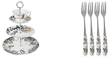 V&A Alice in Wonderland 3-Tier Cake Stand & V&A Alice in Wonderland Stainless Steel Dessert/Pastry Forks with Decorative Porcelain Handles, 15.5 cm - White