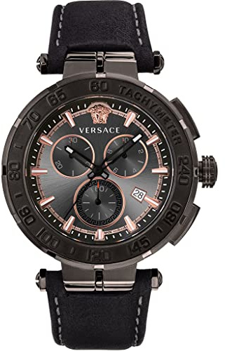 Versace Herren Armbanduhr Greca Chrono 45 mm Datum, Chronograph, Tachymeter Armband Leder VEPM00320
