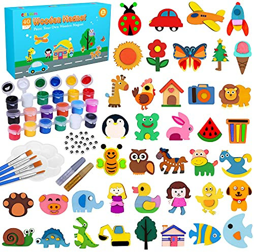 CGBOOM Bemalen Set kinder, Bastelset Kinder 40 Stück Kühlschrankmagnet zum Bemalen und Basteln Holz Magnet Bemalen Geschenk für Mädchen Jungen ab 3 4 5 6 7 8 Jahre