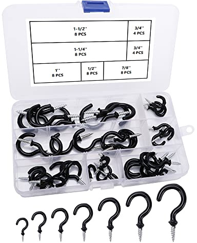 VooGenzek 48 Stück Hakenschrauben, Einschraub Deckenhaken, Beschichtet Cup Haken Mit Schutzhülle Aus Kunststoff, Vinyl Beschichtet Schraubhaken Cup Haken, 6 Größen - Schwarz