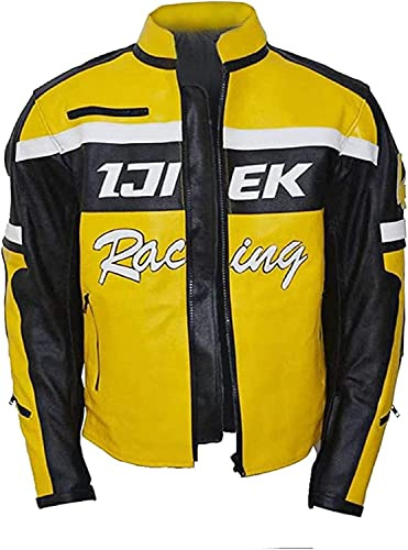 MAXDUD Chuck Greene - Chaqueta de piel auténtica y de piel sintética para hombre, Chaquetas para Moto, para motociclista, color amarillo y negro, Amarillo - Cuero Real, L