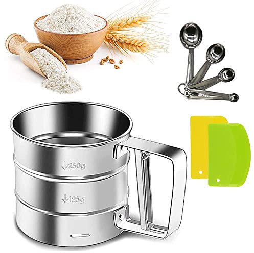 ZDYFC Setaccio per Farina e zucchero in 304 Acciaio Inox Setaccio da Cucina 250 g, con set da 4 pezzi Cucchiaio di Farina in Acciaio Inox, 2 Raschietto per Pasta