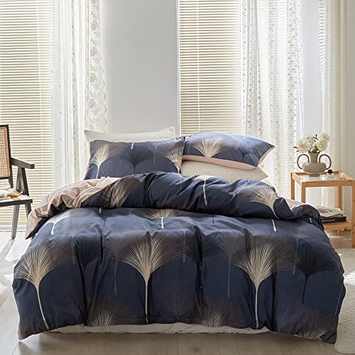 Damier Bettwäsche 200x200 Blau Blätter Motiv Bettwäsche Kuschelig Weich Modern Schwarz Beige Ginkgoblätter Mikrofaser Bettbezug Set 3 Teilig mit Reißverschluss und 2 Kissenbezüge 80x80 cm