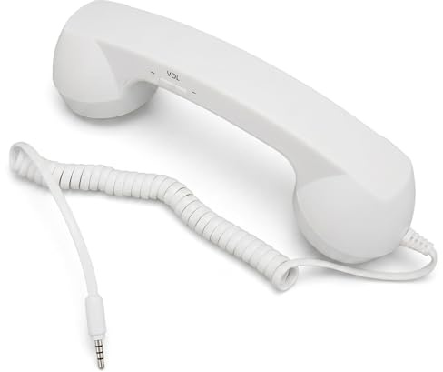 3,5 mm Telefonhörer, Retro Telefonhörer mit 9 Fuß Langem Spiralkabel, EIN Bedienung und Einstellbarer Lautstärke, für Smartphone Computer (Weiß)