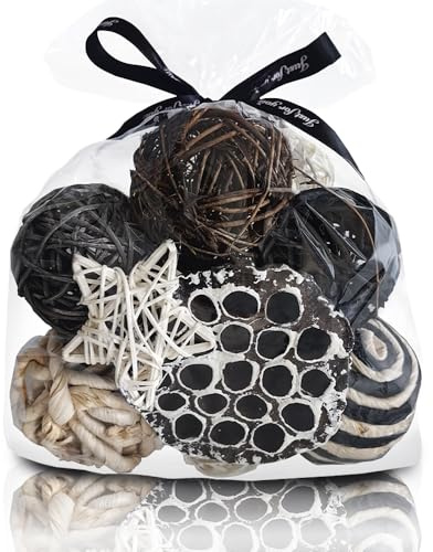 Qingbei Rina Decorative Balls for Bowls,Assorted Vase Filler for Centerpieces,Wicker Rattan Balls Decorative Orbs Woven Spheres,Bowl Fillers for Home Decor,Wedding,Mother's Day(Black)