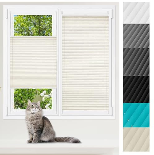 Plissee Faltrollo ohne Bohren 20 x 30 cm Sichtschutz und Blickdicht Easyfix Jalousien Fenster für innen 2 Bedienschienen aus Aluminium für Schlafzimmer, Beige