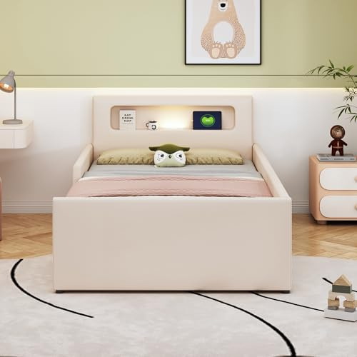 Cama tapizada para niños de 90 x 200 cm, con luz nocturna y puerto de carga USB, con compartimentos, laterales elevados para mayor seguridad, cama individual, cama para niños y niñas, tejido de piel