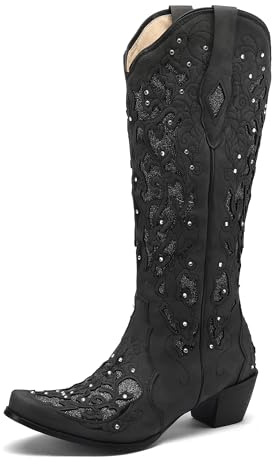 SaraIris Black Cowgirl Boots for Women Cowboy Boots Western Boots Chunky Heel Pointed Toe Pull On Rhinestones Knee High Boots