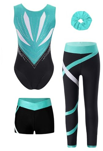FEESHOW 4er Mädchen Gymnastikanzug Mit Hose Ärmelloser Farbblock Trikot Leggings Shorts Und Haargummi Set Kinder Turnen Tanzkleidung