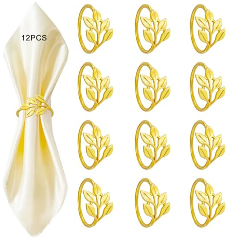 12PCS Napkin Rings, SHAIDOJIO Gold Napkin Rings, Metal Leaf Design Décor Napkin Buckle Holder, Dinner Serviette Rings Clips for Wedding Anniversary Birthday Christmas Banquet Dinner Table Decor