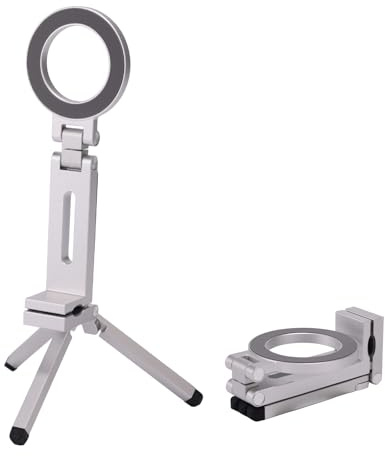 Lyreh Foldable Magnetic Phone Tripod, Multifunctional Aluminum Alloy Mini Cell Phone Tripod Stand Mount Portable Strong Magnetic Holder Accessory with 2 Magnet Ring (Silver)