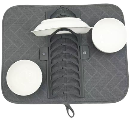 Tappetino scolapiatti da cucina, tappetino in microfibra assorbente, base ad asciugatura rapida, design 2 in 1, 45 x 61 cm, colore grigio, eccellente per asciugare piatti, pentole, utensili e prodotti