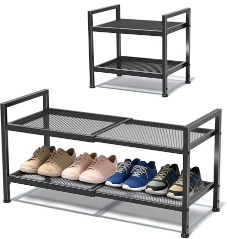 Expandable Shoe Rack for Closet, Entryway, 2-Tier Shoe Storage, Black | 17-30 Adjustable Shoe Organizer for Closet, Space-Saving Shoe Shelf, Dense Mesh Shelves for Heels, Sturdy Metal