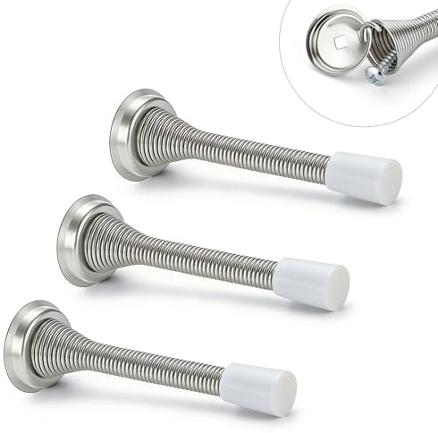 3 Pack, Satin Nickel Wall Mounted Door Stop – Stainless Steel Door Stopper for Skirtings & Walls, Protective Door Stops for Home & Office