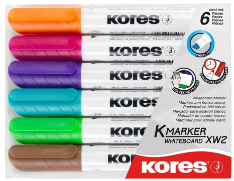 Kores - K-Marker XW2: Bunte Whiteboard Marker mit Keilspitze, Trocken Abwischbar und nahezu Geruchslose Tinte, Schul- und Bürobedarf, Set aus 6 Sortierten Farben
