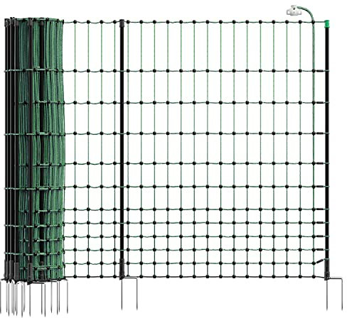 VOSS.farming Elektronetz, Netz, Hühnerzaun, Geflügelnetz, 50m, 112cm, Gartenzaun, Auslaufgehege, Grün, Elektrifizierbar, 20 Pfähle Stäbe, 2 Spitzen, Fiberglaspfähle, Hundezaun