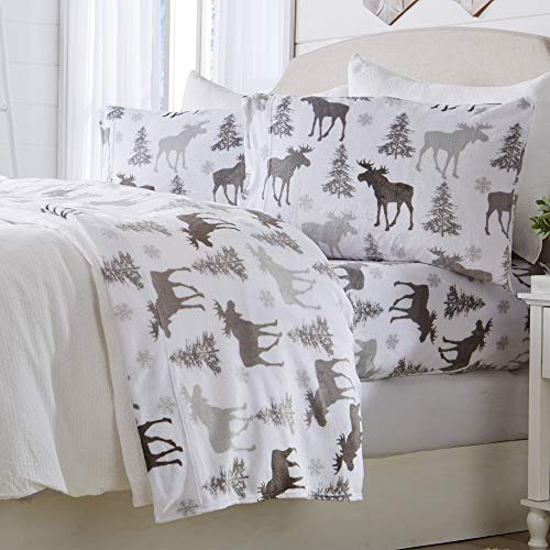Great Bay Home 4-Piece Velvet Plush Micro Fleece Full Size Sheet Set - Deluxe Microplush Non-Pilling Bed Sheets- Lavish Sherpa Winter Bedding Set (Moose)