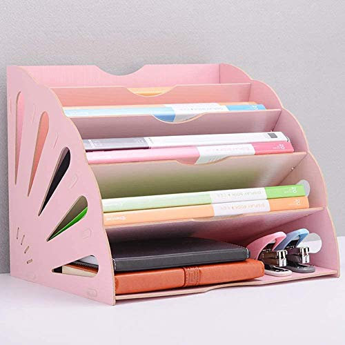XBSLJ Zeitungsständer, Briefablage Aktenregale Lagerung Holz Dokument A4 Papier Brief Magazin Büro Schreibtisch Briefpapier Füllung Expansion Organizer Lagerung (6 Schichten)-Rosa