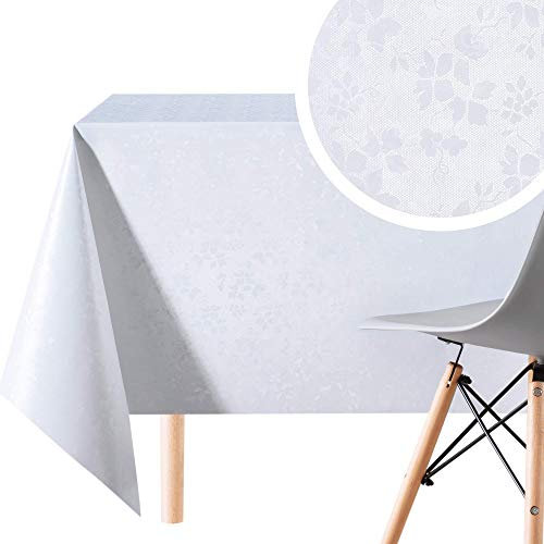 KP HOME PVC-Tischdecke, abwischbar, rechteckig, Wachstuch, 300 x 140 cm, geprägt, elegant, abwischbar, rechteckig, Wachstuch, Vinyl, wasserdicht, einfarbig, Weiß