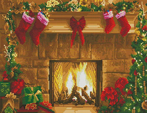 Awesocrafts Kreuzstich-Set, Kamin und Weihnachtsstrumpf, einfache Muster, Kreuzstich, Stickerei, Handarbeitsset, Zubehör (Weihnachten)