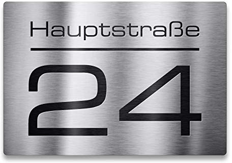 Metzler Edelstahl Hausnummer - Hausnummernschild mit Straßenname, Name und Wunsch-Nummer - V2A Edelstahl - UV-beständig - Größe: 380 x 264 mm