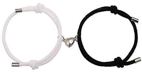 Couple Magnetic Bracelets, Relationship Bracelet Couple Gifts for Boyfriend Girlfriend Men Women and Your Lover, 2 PCS Mutual Matching Couple Bracelets with Love Heart Pendant(white&black)