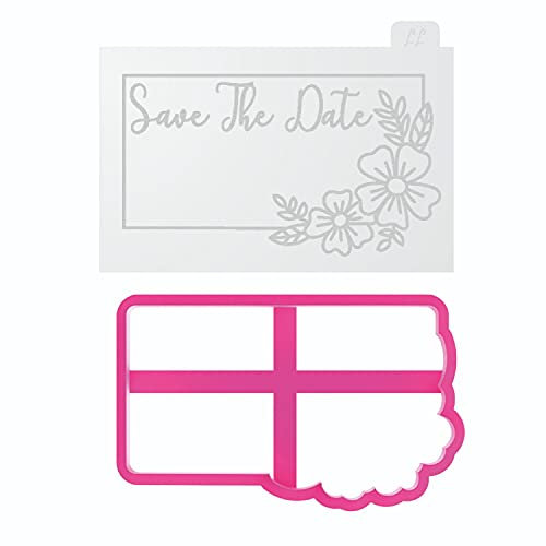 LissieLou Save The Date in Rectangle with Flowers Cookie Cutter and Embosser Wedding Icing Stamp Fondant Embosser - Light Pink/Clear