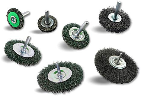 Assortiment de 7 brosses rotatives circulaires métalliques Ø 30-38-50-60-75-100-125 mm | Sur tige Ø 6 mm | Brins inox Ø 0,30 mm dur | Pour perceuse ou visseuse à mandrin | Kibros 26xxIT8x7div