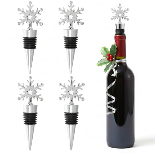 Housoutil Wine Bottle Stopper, 4PCS Christmas Snow Saver Sealer Wine Corks, Reusable Stainless Steel Decorative Bottle Stopper Airtight Seal for Entertaining, Keeping the Freshnes