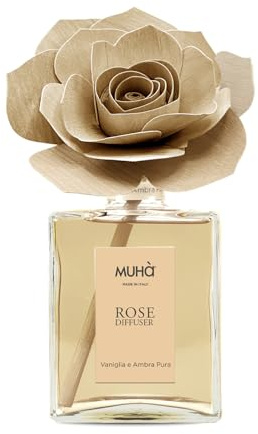 MUHA' | Profumatore Rosa Diffuser, Vaniglia e Ambra Pura, 200 ml | Profumatore per AmbientiDiffusore Ambiente con Rosa in Legno di Betulla
