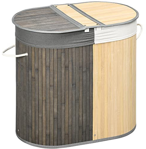 HOMCOM Cesto para Ropa Sucia de Bambú Capacidad de 100L Cesta para la Colada con Tapa Abatible y Bolsa de 2 Compartimentos Extraíble 62,5x37x60,5 cm Gris y Natural