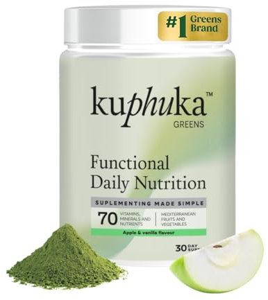KUPHUKA GREENS - Polvere Super Greens (411g) con +70 estratti vegetali, supercibo, vitamine, minerali, probiotici, spirulina, Ashwagandha, clorella - 100% naturale (411gr, Mela e Vaniglia)