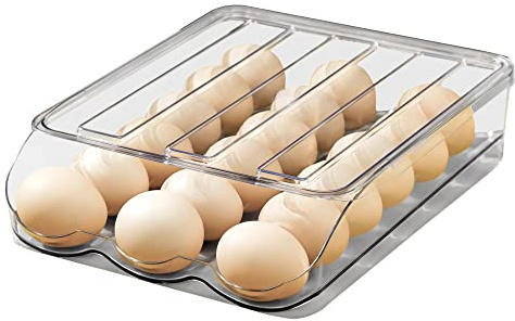 Eierhalter mit großem Fassungsvermögen für Kühlschrank, automatisches Rollen, Eierbehälter, Organizer, Tablett, Behälter, stapelbar, Frische-Aufbewahrungsbox für Kühlschrank, Kunststoff, transparent