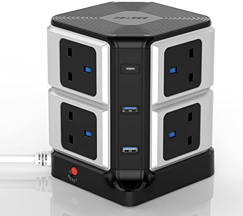 [New Version]BESTEK USB C PD 20W 8 Way 4000J Surge Protection Power Tower Extension Lead Cord, 8 Gang Power Strip Socket Plug with Type-C Slots & 2 USB Ports, 1.8m/3250W (Black)