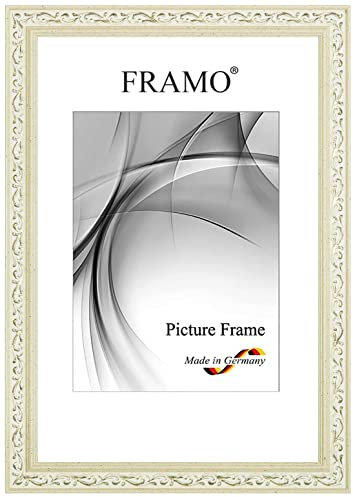 FRAMO Barock Bilderrahmen 21 x 29,7 cm (DIN A4) aus Massivholz | Creme-Weiß Gold | Farbe/Größe wählbar | Retro Vintage Antik Rahmen N°092