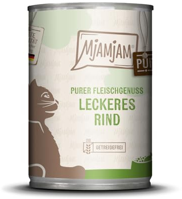MjAMjAM - Premium Nassfutter für Katzen - leckeres Rind pur, 1er Pack (1 x 400 g), getreidefrei mit extra viel Fleisch
