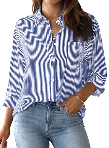 NONSAR - Camicetta da donna, elegante, a maniche lunghe, con bottoni, casual, da ufficio, da lavoro, in cotone, Blu, XL
