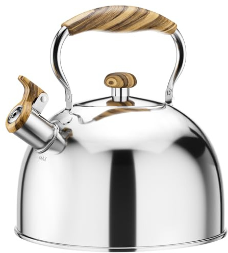 Whistling Tea Kettle for Stovetop, 2.6 Quart Food Grade Stainless Steel Tea Kettle with Wood Pattern Handle for Home Kitchen, Loud Whistle, Silver