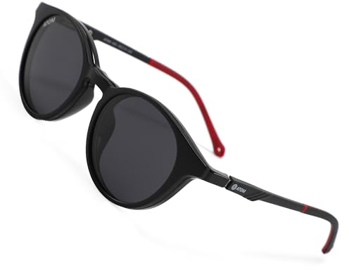 ATOM Occhiali 2 in 1 per bambini con blocco della luce blu, lenti polarizzate grigio trasparente con protezione UV al 100% con clip magnetica, nero, rosso, nero, 48-14-125