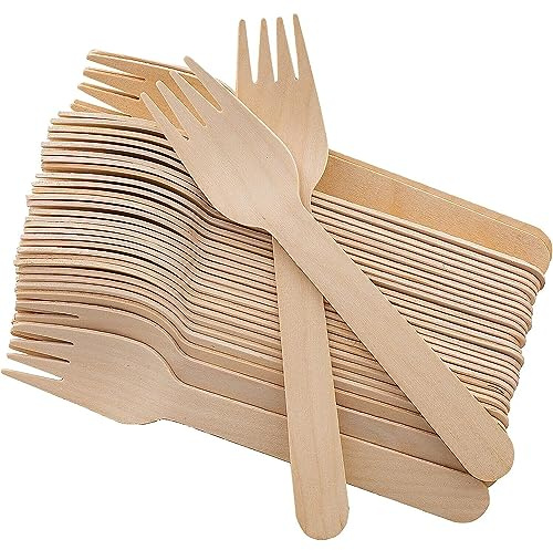 AMD Nexus Paquete de 100 tenedores desechables de madera, biodegradables y sin plástico, ideales para bodas, picnics, fiestas, oficina, ecológicos (tenedores de madera)